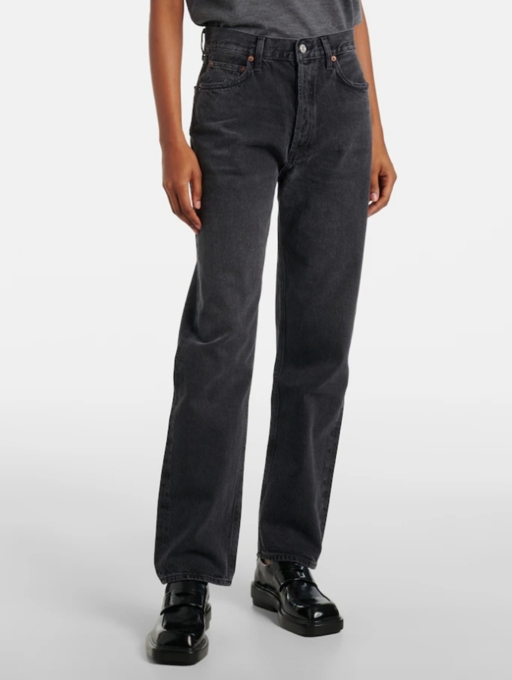 Agolde 90's Pinch Black High-Rise Straight-Leg Jeans with Knee Rips US 25
